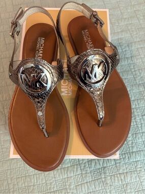 Michael Kors Metallic Bronze Snake-Print Logo Thong Sandals